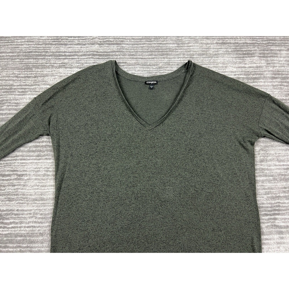 Express Top Womens L Olive Green V-Neck 3/4 Sleeve Marled Relaxed Knit Pullover - Picture 10 of 11